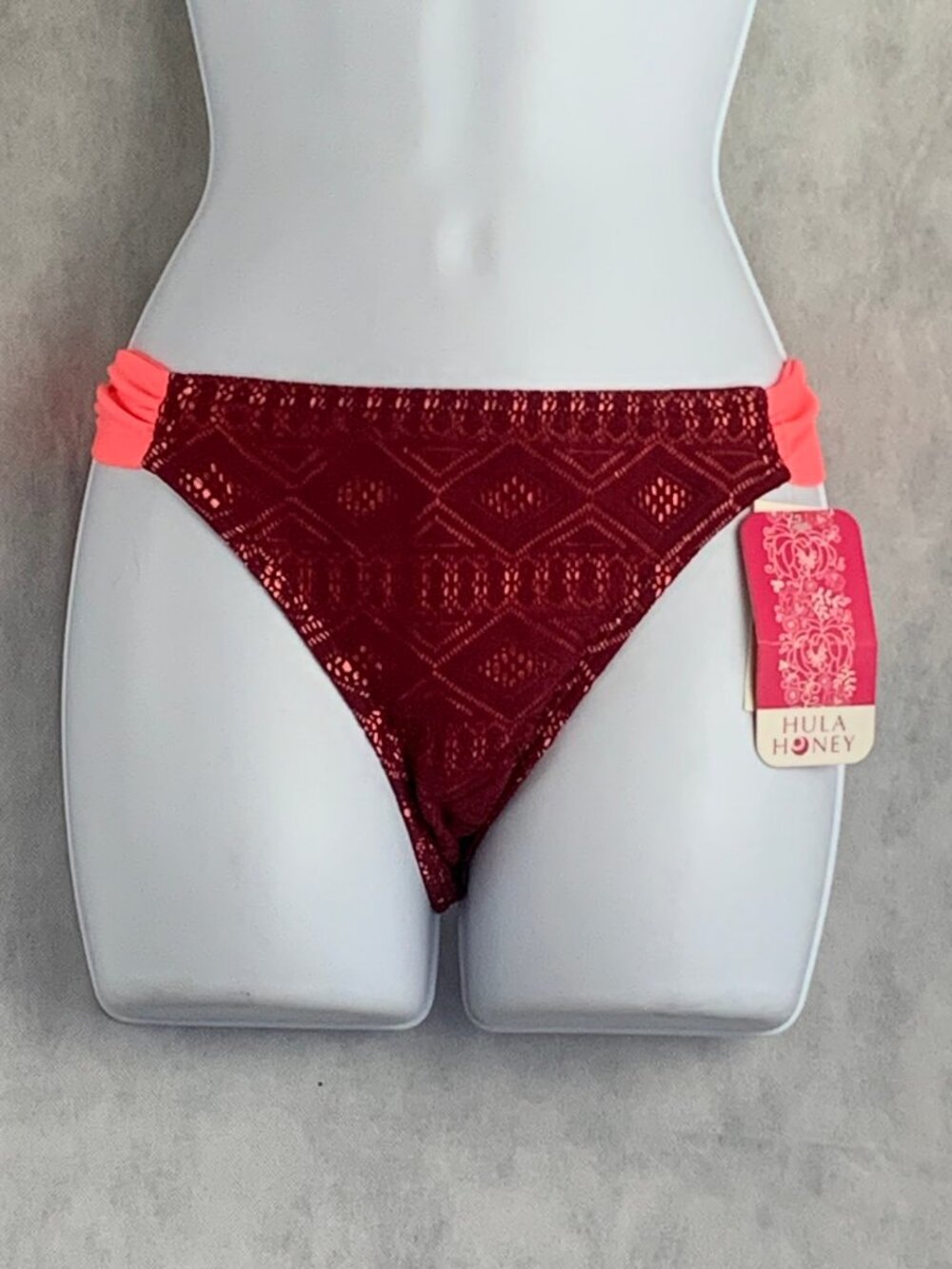 Hula Honey Juniors Crochet Outer Hipster Bikini Swim Bottom, Red Coral, Medium